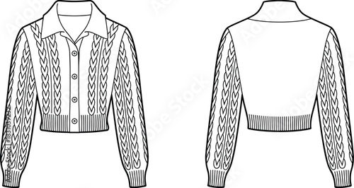 Cropped cable knit cardigan fashion flat sketch, detailed CAD drawing with front and back views, vector illustration for apparel designers, technical garment template