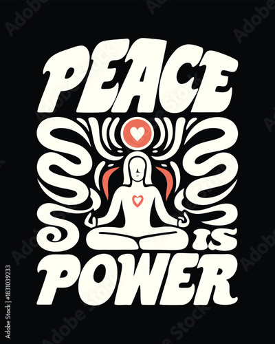 Symbolic figure in lotus pose, with peace is power written above and below