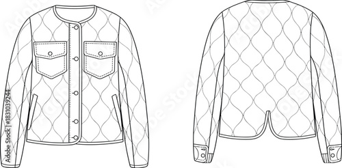 Curved quilted jacket CAD flat sketch, detailed vector illustration with chest pockets and back slit, technical fashion drawing, outerwear garment template for apparel designers