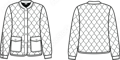 Diamond quilted jacket CAD flat sketch, detailed vector illustration with pockets and snap buttons, technical fashion drawing, outerwear garment template for apparel designers