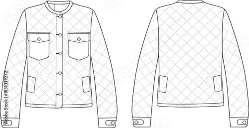 Diamond quilted jacket CAD flat sketch, detailed vector illustration with chest pockets and cuff details, technical fashion drawing, outerwear garment template for designers