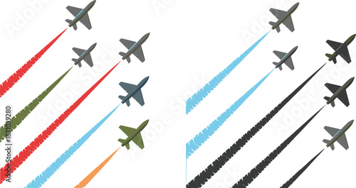 Fighter Jet Formation Icon Set with Vibrant Colored Contrails for Military, Airshow, Aviation, and Motion Graphic Design Projects