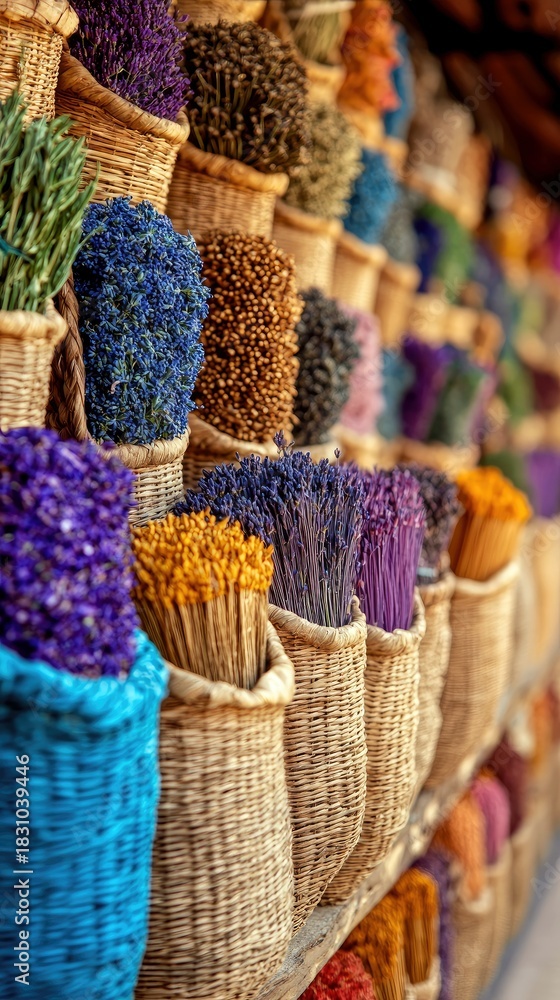 Fototapeta premium A close-up shot of a variety of colorful dried flowers arranged in wicker baskets, showcasing a vibrant display in a market setting.