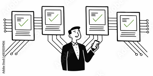 Man Using Phone to Monitor Data Validation on Multiple Screens in a Technological Process