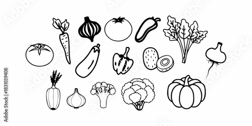 Line art vegetable icons. Hand-drawn outlines of fresh produce carrots, tomatoes, onions, and peppers. Ideal for healthy eating, organic food, and farmers market illustrations