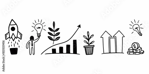 Creative doodle art showcasing concepts of business development, financial growth, startup launch, and innovative ideas leading to success