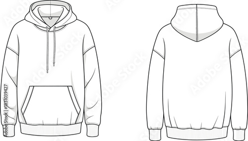 Hoodie CAD flat sketch, detailed vector illustration, technical fashion drawing of front and back view hoodie design, apparel template for designers, clothing outline