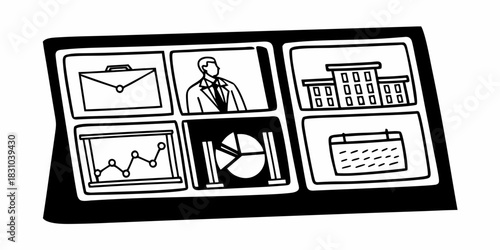 Conceptual illustration of a business management dashboard, showcasing corporate operations, financial data, and strategic planning on a digital interface