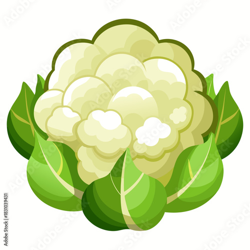 Fresh cauliflower with vibrant green leaves, perfect for healthy eating campaigns, vegetarian recipes, and farm-to-table promotions, originally a scalable graphic