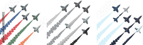 Jet fighter formation icon set featuring colorful smoke trails, aircraft variations, dynamic aerobatic flight, military aviation visuals, and high-speed maneuver graphics.