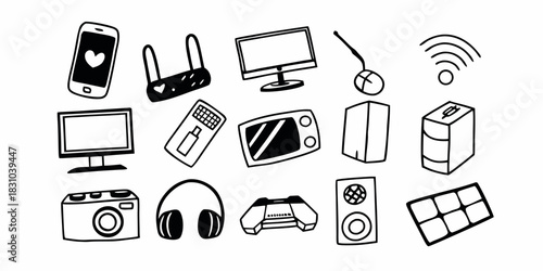 Collection of Hand-Drawn Icons Representing Various Electronic Devices and Gadgets