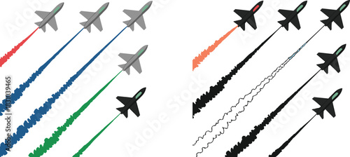 Jet Formation Icon Set Featuring Smooth and Textured Colored Trails for Aviation, Motion Graphics, Military, and Airshow Design Use