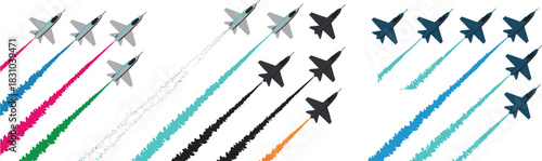 Jet fighter icon set featuring colorful smoke trails, aircraft formations, dynamic flight silhouettes, aerobatic jets, military planes, and high-speed aviation graphics.