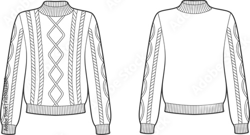Knitted sweater front and back view, cable knit with diamond and oval motifs, ribbed collar cuffs hem, cad drawing flat vector illustration