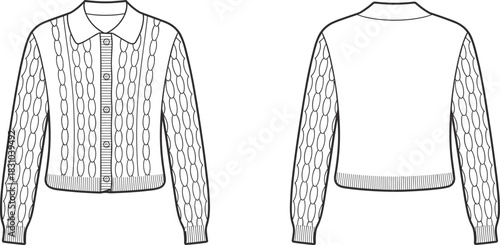 Knitted cardigan sweater, front and back view, cable knit design, ribbed cuffs and hem, shirt collar, fashion flat, technical sketch, cad drawing flat vector illustration