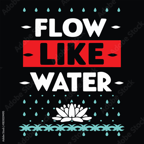 Words flow like water above and below a lotus with turquoise raindrops on black