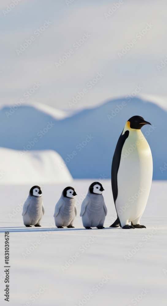 Obraz premium Emperor Penguin Adult and Chicks in Antarctic Snow