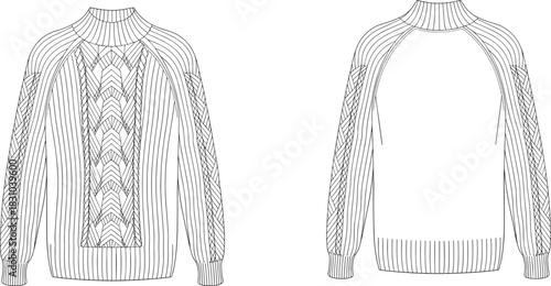 Raglan sleeve textured knit sweater CAD illustration, detailed fashion flat sketch, technical garment drawing, winter knitwear template, vector outline for apparel designers
