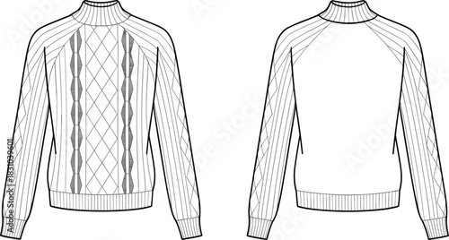 Raglan sleeve diamond knit sweater CAD illustration, detailed fashion flat sketch, technical garment drawing, winter knitwear template, vector outline for apparel designers