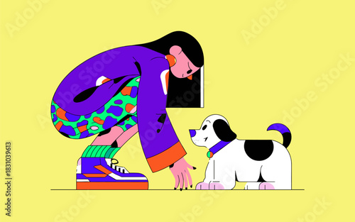 Woman Petting a Dog in Colorful Minimalist Style