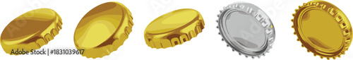 Realistic metal bottle caps in gold and silver colors displayed in various angles, showcasing detailed ridges, glossy reflections, and beverage packaging elements