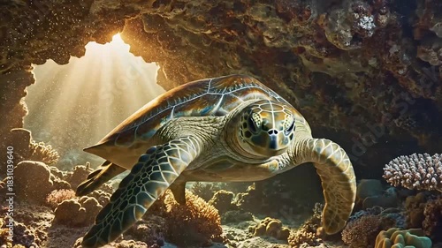 Majestic sea turtle gracefully swimming through sunlit underwater grotto on a vibrant coral reef, perfect for nature documentaries and ocean conservation media.