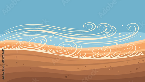 Stylized desert landscape with swirling wind patterns