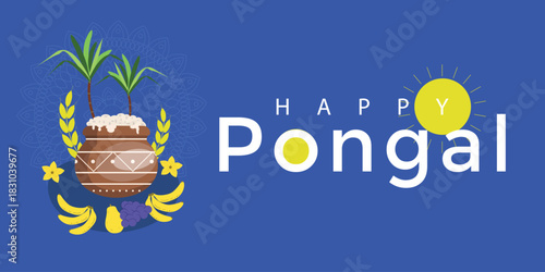 Indiana celebration harvest Pongal banner. Pot, plant, fruit, sun, text. Vector illustration