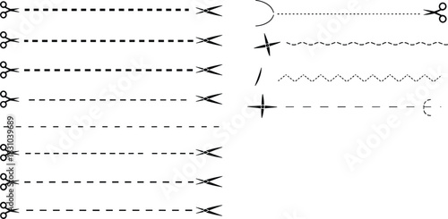 Set of Scissor Icons with Diverse Cut Line Styles Including Dotted, Dashed, Zigzag, and Wavy for Graphic and Craft Design