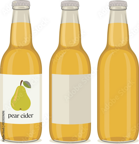 Set of pear cider bottles with labeled, blank, and unlabeled designs, showcasing beverage packaging, drink branding templates, and realistic glass bottle illustration