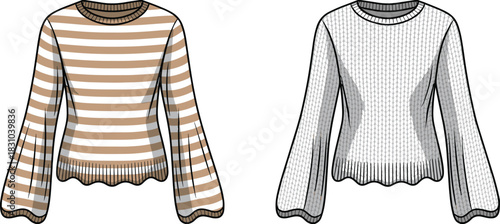 Striped bell-sleeve sweater fashion illustration, detailed vector flat sketch showing front view variations, apparel design template for knitwear and garment development