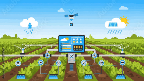 Smart irrigation system in a field with sprinklers sensors and a central control panel