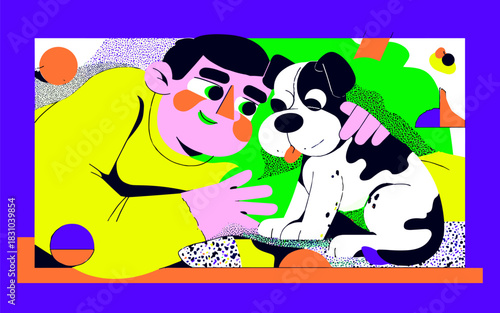 Man Petting Puppy in Bright Abstract Environment