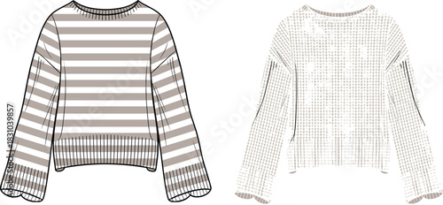 Striped and textured sweaters, front view comparison, round neckline, flared sleeves, ribbed hem, fashion flat sketch, cad drawing flat vector illustration