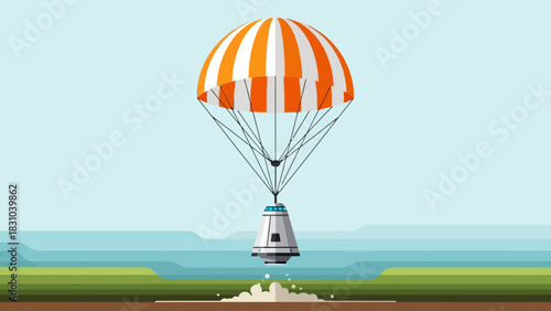 Space capsule descending under an orange and white parachute