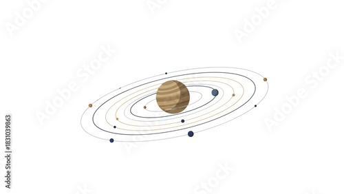 Solar system with large striped planet and orbiting bodies