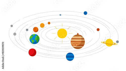 Stylized depiction of the solar system with the sun at the center