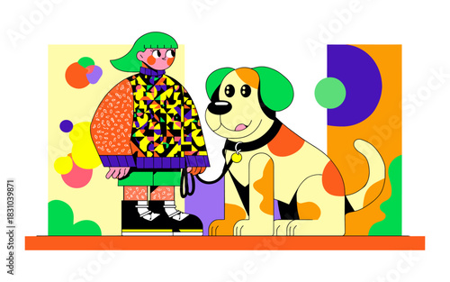 Girl Walking Dog in Bold Abstract Setting