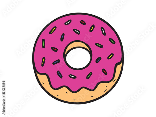Colorful donut illustration with pink icing and multicolored sprinkles, drawn in clean cartoon style. Perfect for food icons, bakery graphics, stickers, packaging, and playful design projects.