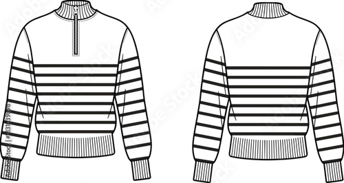 Striped pullover sweater, front and back view, high collar with zipper, ribbed cuffs and hem, fashion flat sketch, cad drawing flat vector illustration