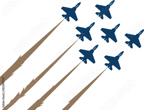 Stylized Jet Aircraft Flying in Formation with Brown Speed Trails for Aviation, Military, Aerobatic, and Graphic Design Concepts