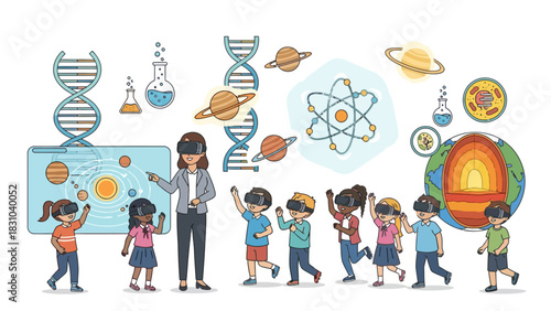 Teacher and students using VR headsets exploring scientific concepts