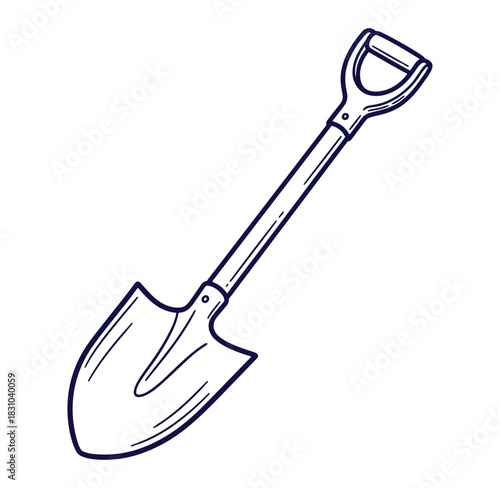 Detailed line art illustration of a shovel isolated on a bright white background