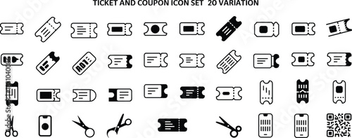 Ticket and coupon icon set featuring twenty clean black line variations including vouchers, passes, stubs, scissors, barcodes, QR codes, and discount elements.