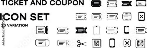 Ticket and Coupon Icon Set Featuring 20 Variations of Stubs, Barcodes, Mobile Tickets, and Cut Symbols in Editable Style