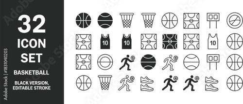 Basketball icon set featuring thirty-two clean line designs, including balls, courts, jerseys, hoops, players, shoes, and editable stroke graphics.