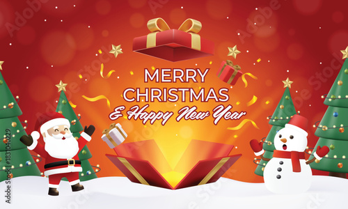3D Magic Gift Box Opening Banner. Christmas Surprise Scene with Santa and Snowman