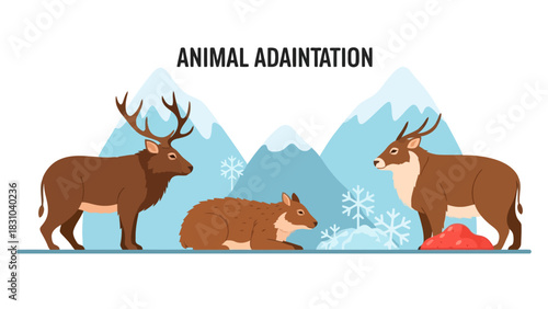 Three deerlike animals in a snowy mountain landscape with snowflakes