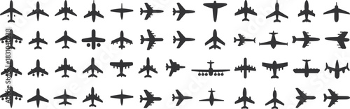 Aircraft Silhouette Icon Set Featuring 50 Black Vector Designs of Fighter Jets, Bombers, Airliners, and Military Planes