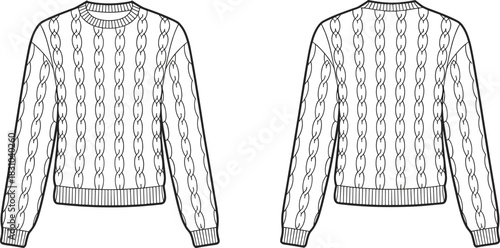 Cable-knit sweater, front and back view, crew neckline, ribbed cuffs and hem, long sleeves, fashion flat sketch, technical drawing, cad drawing flat vector illustration